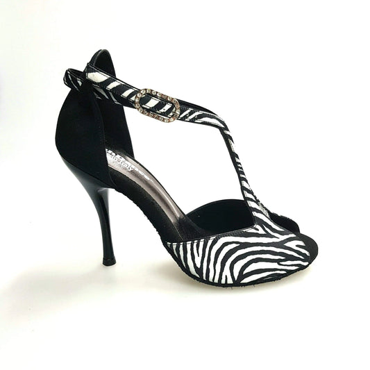 Sandalo donna ELIDE (401) in raso seta zebrato con tallone in camoscio nero, scarpa elegante Wish Dance Shop