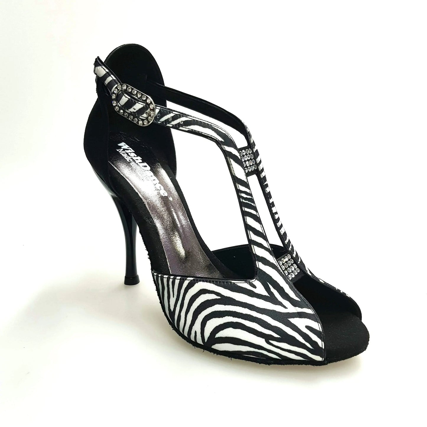 Sandalo donna Wish Dance Shop ELIDE (401) in raso seta zebrato con tallone in camoscio nero, elegante e comodo.