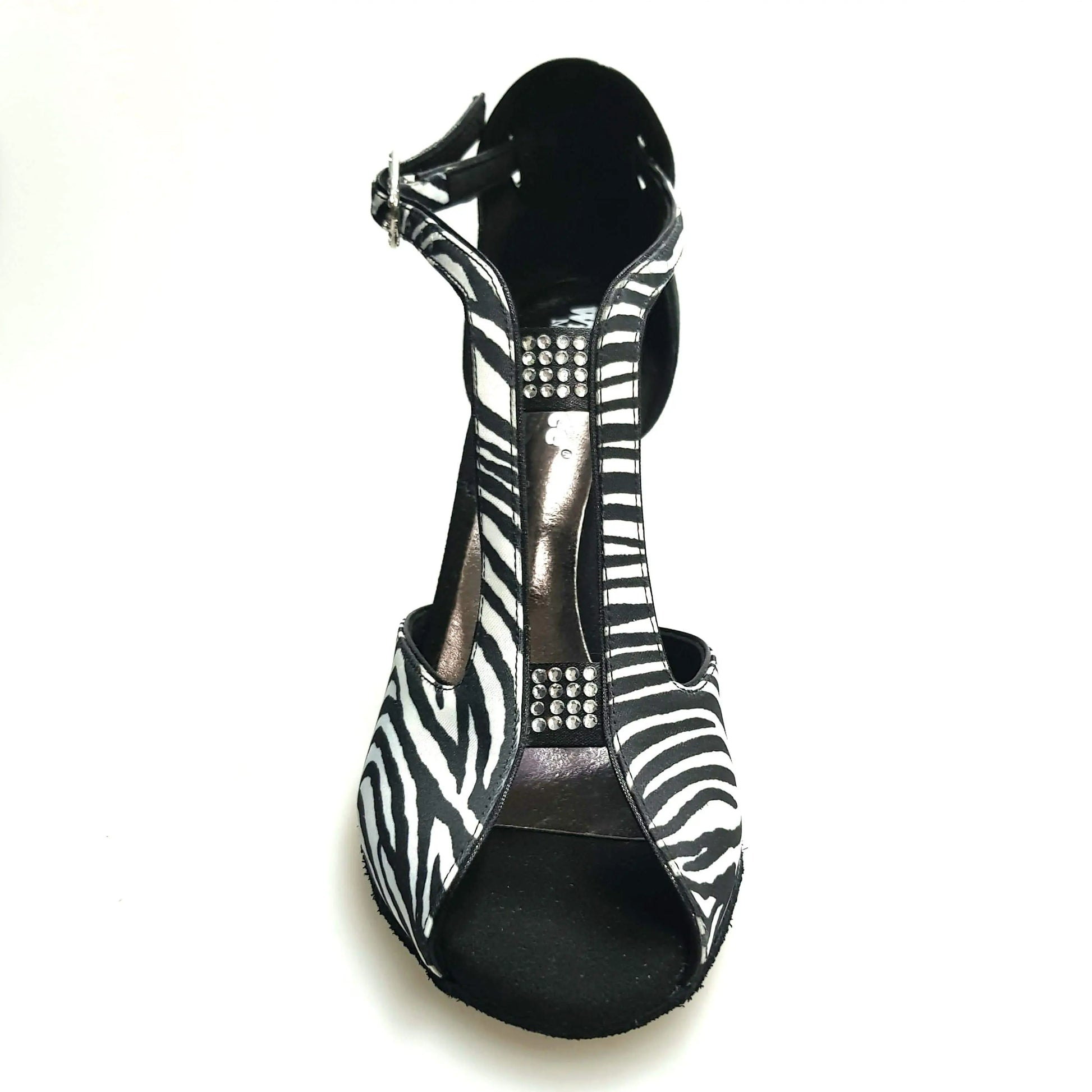 Sandalo da donna Wish Dance Shop ELIDE 401 in raso seta zebrato con tallone in camoscio nero, elegante e comodo.