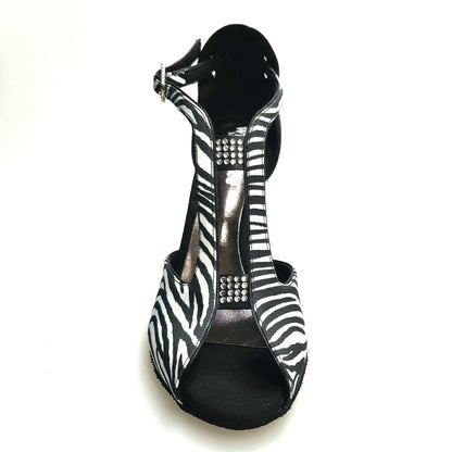 Sandalo da donna Wish Dance Shop ELIDE 401 in raso seta zebrato con tallone in camoscio nero, elegante e comodo.
