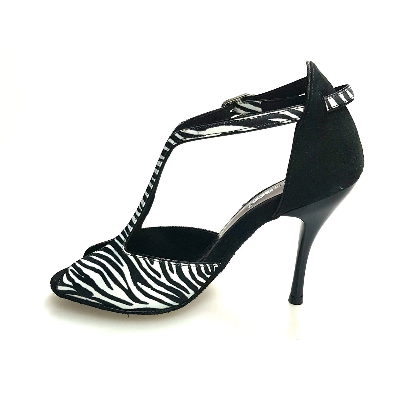 Sandalo da donna Wish Dance Shop ELIDE 401 in raso seta zebrato con tallone in camoscio nero, elegante e confortevole.