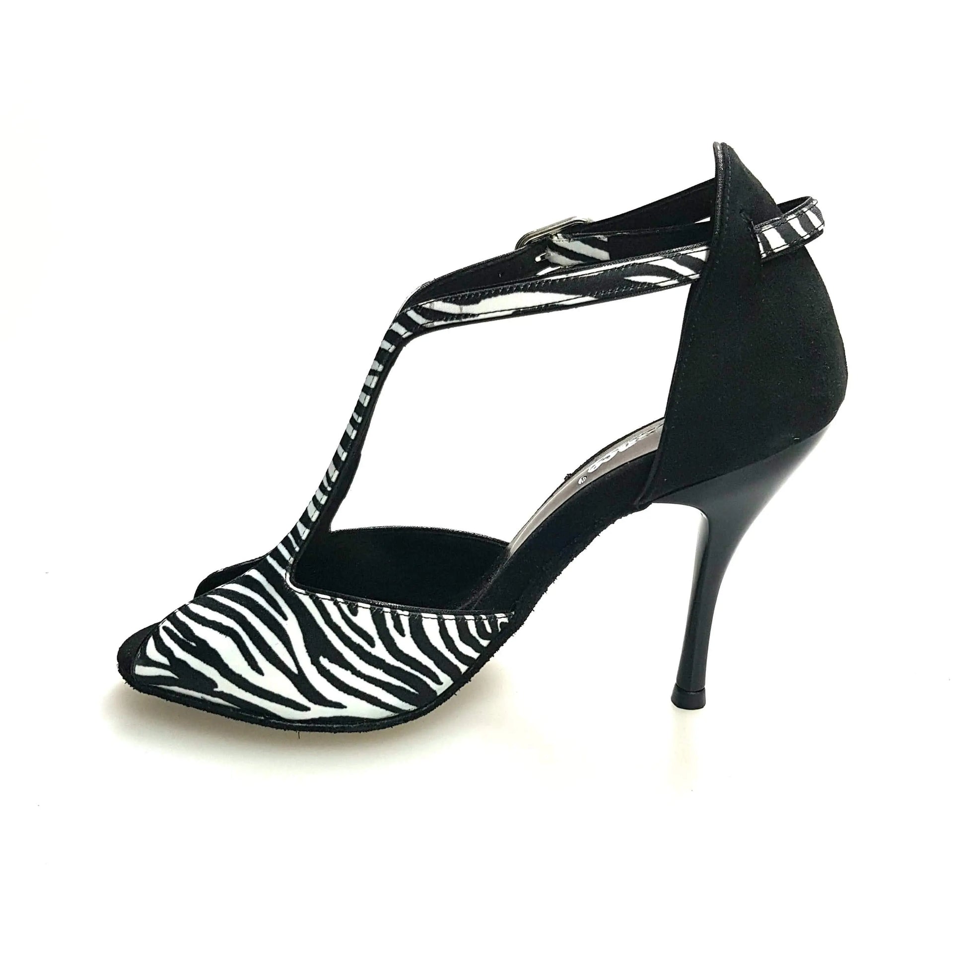 Sandalo da donna Wish Dance Shop ELIDE 401 in raso seta zebrato con tallone in camoscio nero, elegante e confortevole.