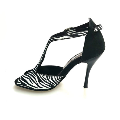 Sandalo da donna Wish Dance Shop ELIDE 401 in raso seta zebrato con tallone in camoscio nero, elegante e confortevole.