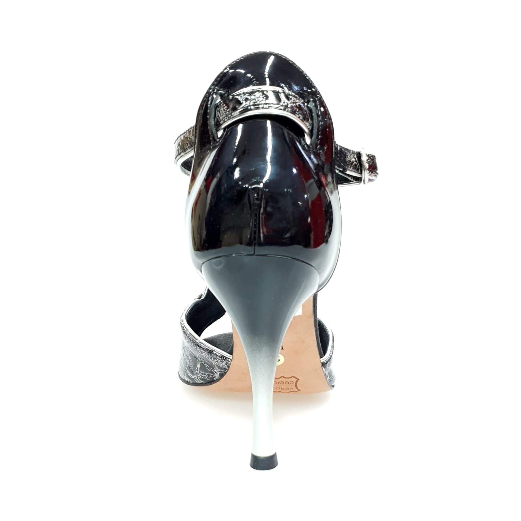 Sandalo da donna Fascino 401 in Dundee nero con tacco in vernice nera, scarpa elegante e alla moda.