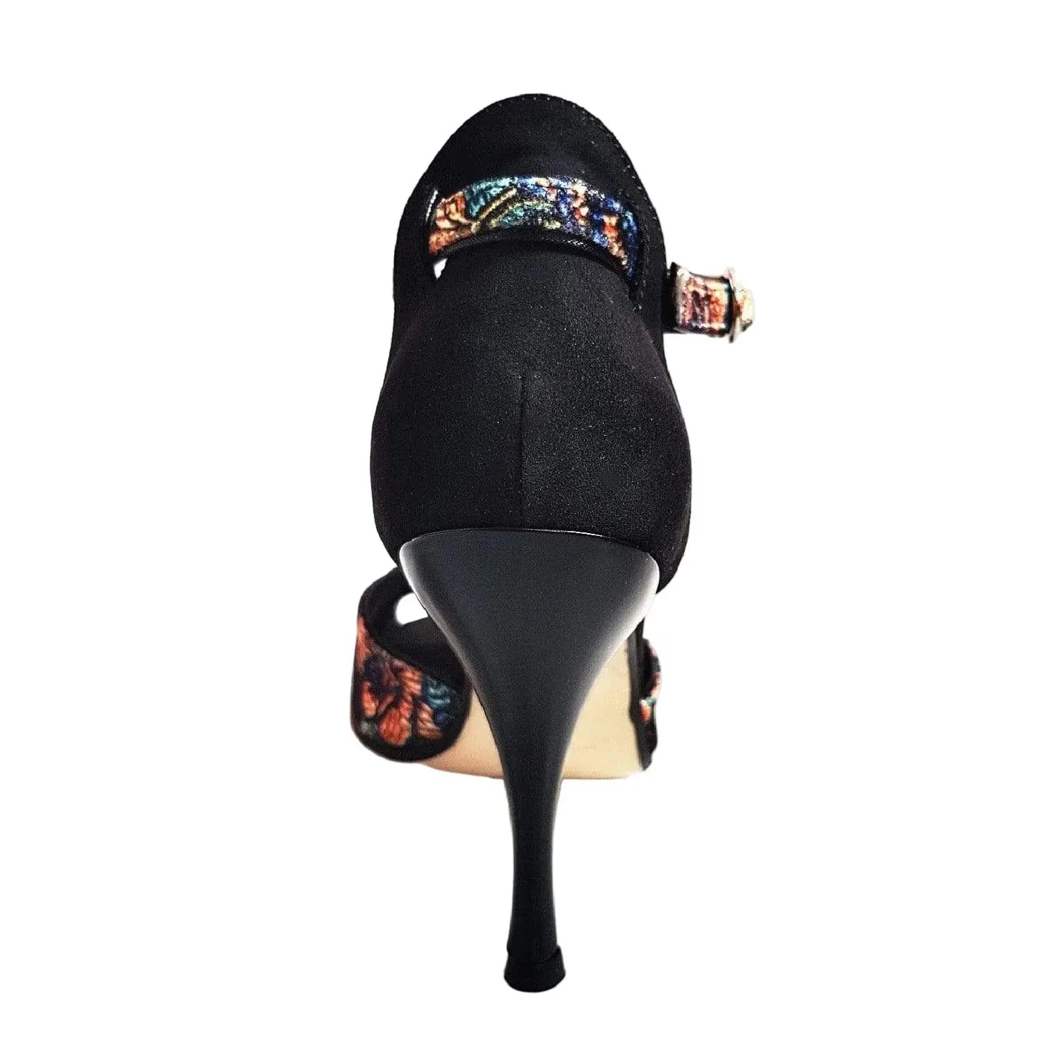 Sandalo donna Fascino (401) in velluto nero con tallone in camoscio, tacco a spillo smaltato nero, scarpa Wish Dance Shop