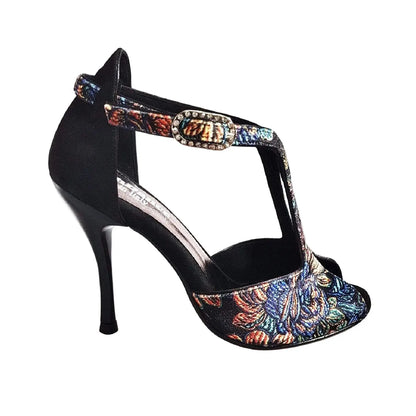 Sandalo donna Fascino (401) in velluto nero con tallone in camoscio e tacco a spillo smaltato nero, scarpa Wish Dance Shop
