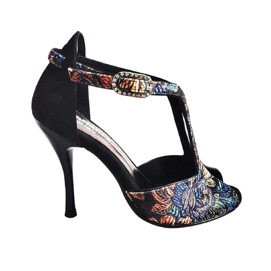Sandalo donna Fascino (401) in velluto nero con tallone in camoscio e tacco a spillo smaltato nero, scarpa Wish Dance Shop