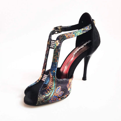 Sandalo donna Fascino (401) in velluto nero con tacco a spillo e dettagli in camoscio nero, scarpa elegante Wish Dance Shop