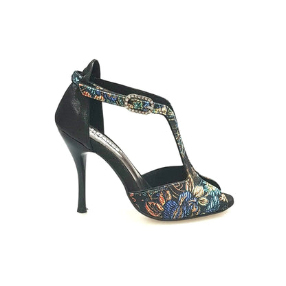 Sandalo donna Fascino (401) in velluto nero con tallone in lurex, elegante scarpa Wish Dance Shop con dettagli lucenti.