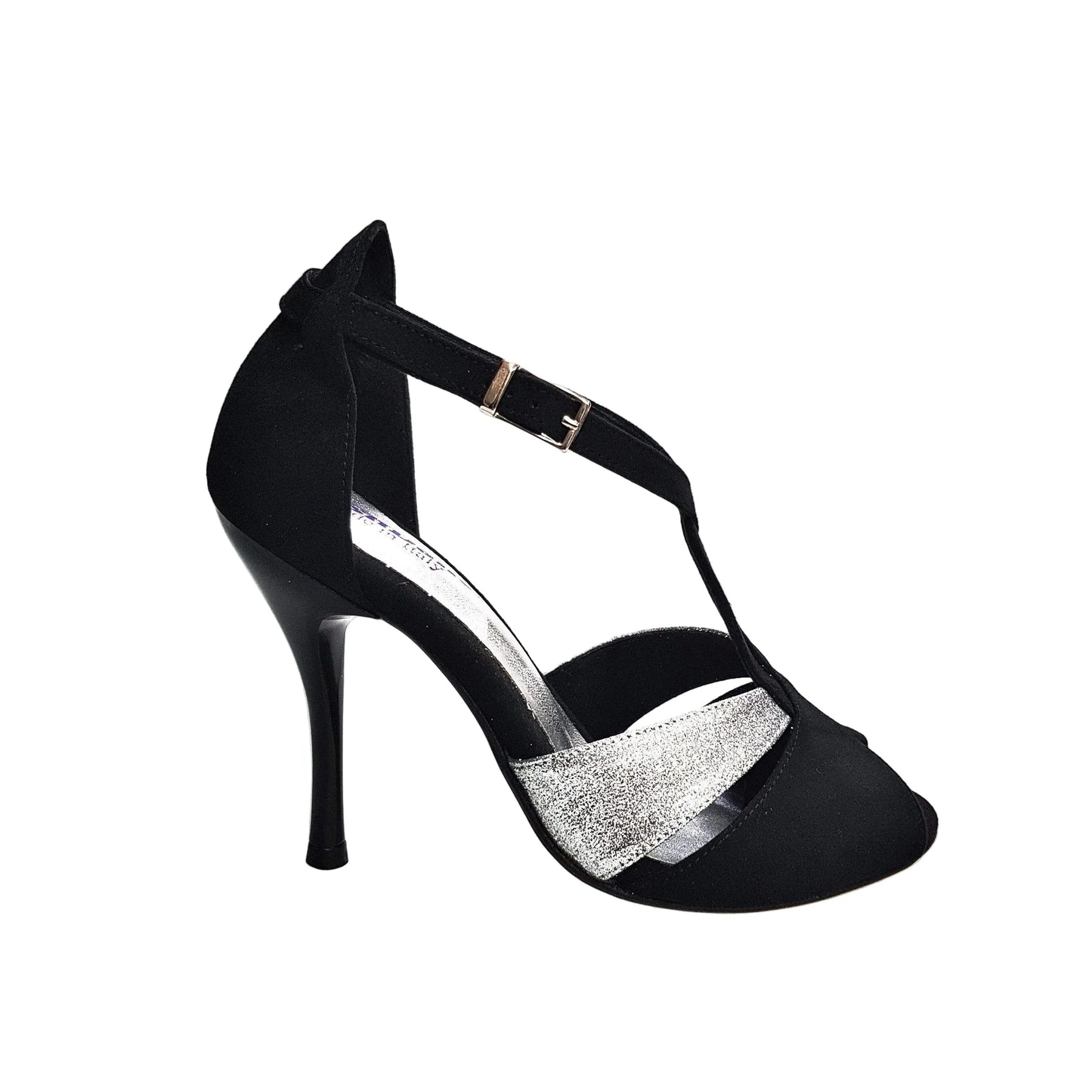 Scarpa da donna Anastasia (403) in camoscio nero con dettagli glitter argento, di Wish Dance Shop, vista frontale.