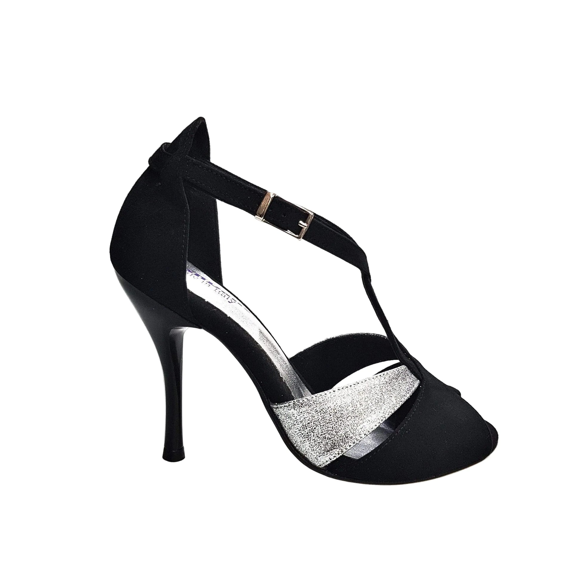Scarpa da donna Anastasia (403) in camoscio nero con dettagli glitter argento, di Wish Dance Shop, vista frontale.