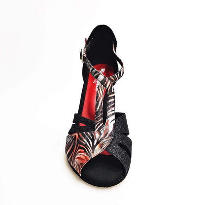 Scarpa da donna Artemide (404) in giungla rossa glitter nero, con suola elegante e dettagli luminosi.