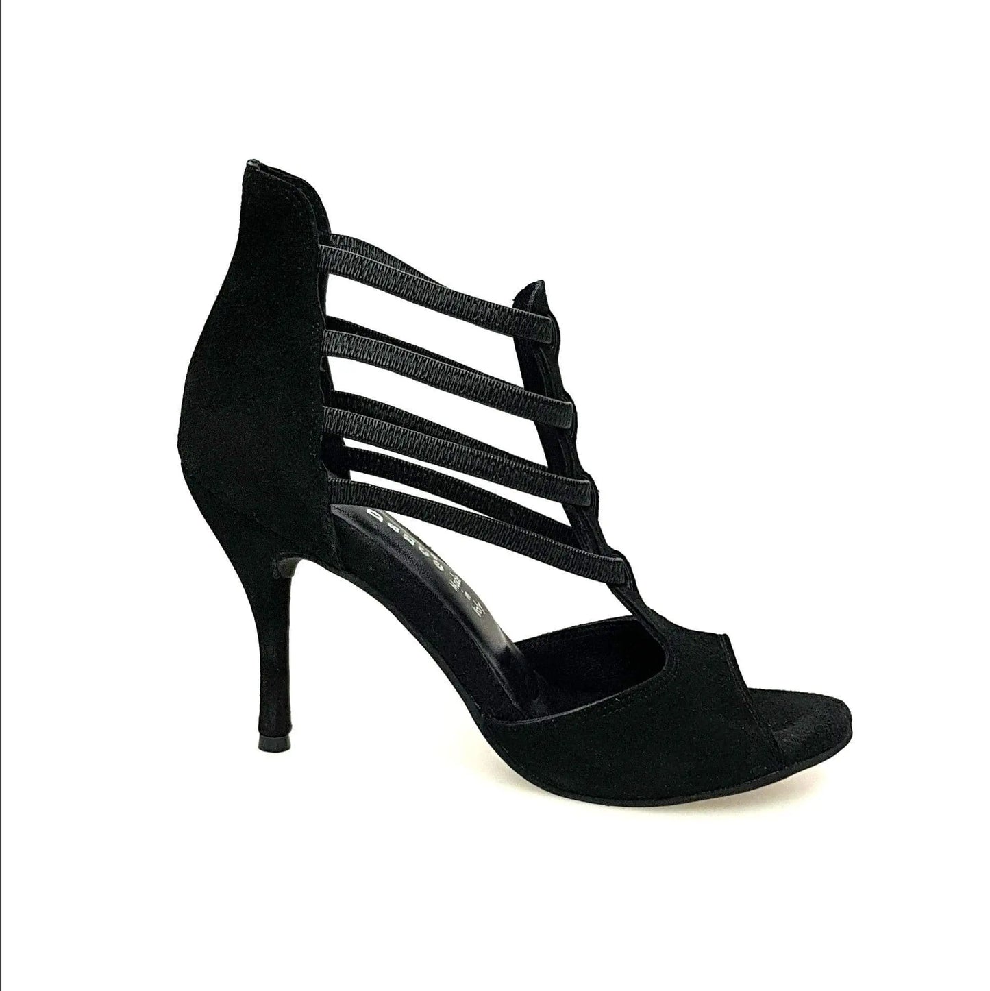 Sandalo donna Lilith (460) in camoscio nero di Wish Dance Shop con tacco a spillo, vista laterale e dettagli eleganti