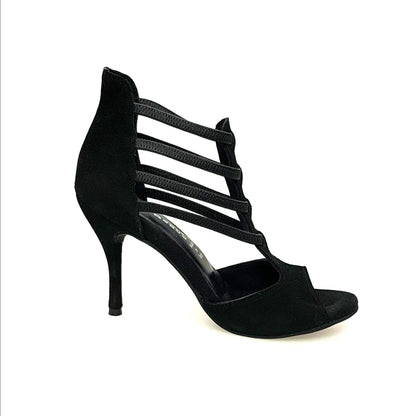 Sandalo donna Lilith (460) in camoscio nero di Wish Dance Shop con tacco a spillo, vista laterale e dettagli eleganti