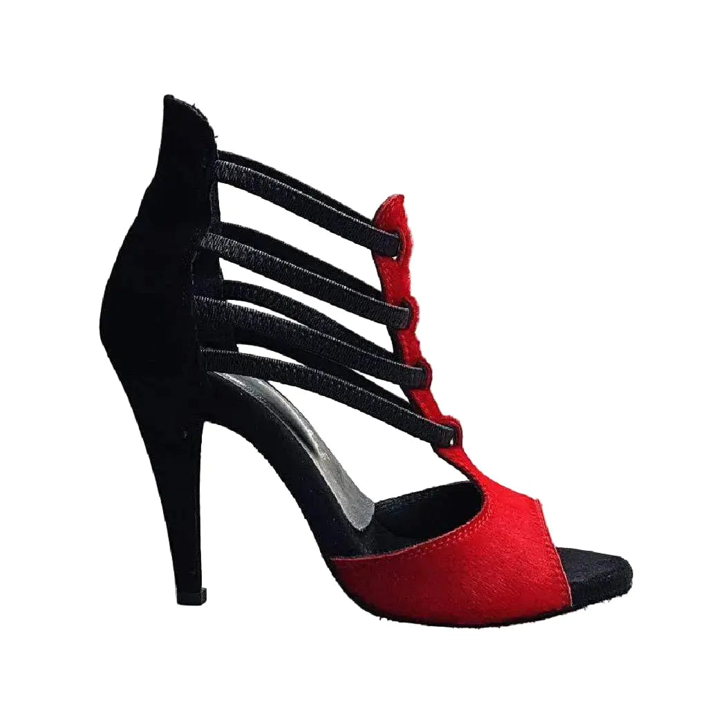 Scarpa donna Lilith (460) in cavallino rosso e camoscio nero, con tacco a spillo alto e tallone in camoscio nero.