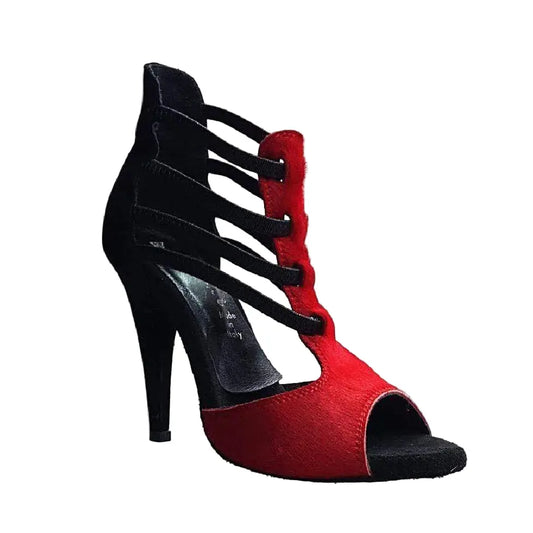Scarpa donna Lilith (460) Wish Dance Shop, sandalo con cavallino rosso, tacco in camoscio nero e tacco a spillo alto.