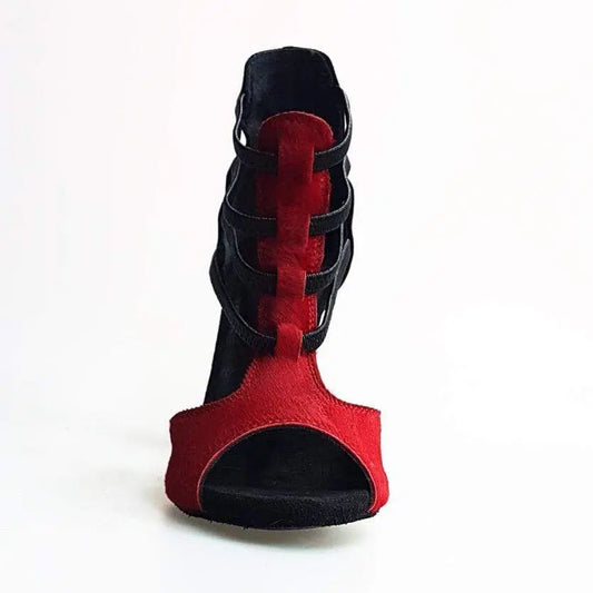 Scarpa Lilith (460) Wish Dance Shop, sandalo donna in cavallino rosso con tacco a spillo nero in camoscio.