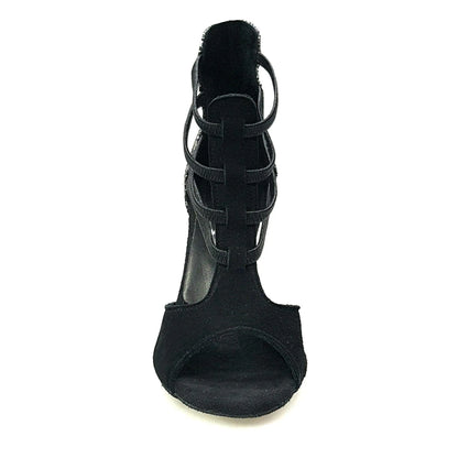 Sandalo donna Lilith in camoscio nero con tacco e tallone in pitone argento, scarpa elegante Wish Dance Shop.