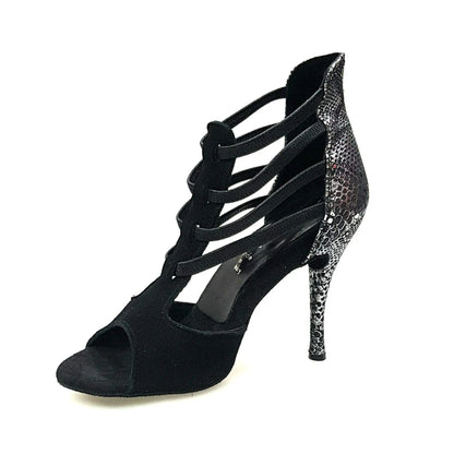Sandalo donna Lilith (460) in camoscio nero con tacco in pitone argentato, scarpa elegante con dettaglio in pitone.