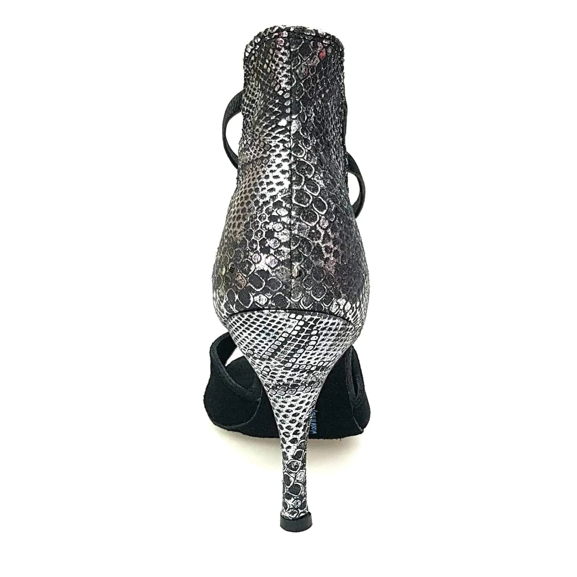 Sandalo donna Lilith Wish Dance Shop in camoscio nero con tacco e dettaglio in pitone argento, elegante scarpa estiva.