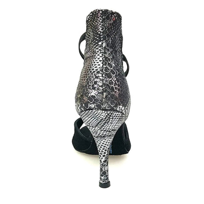 Sandalo donna Lilith Wish Dance Shop in camoscio nero con tacco e dettaglio in pitone argento, elegante scarpa estiva.