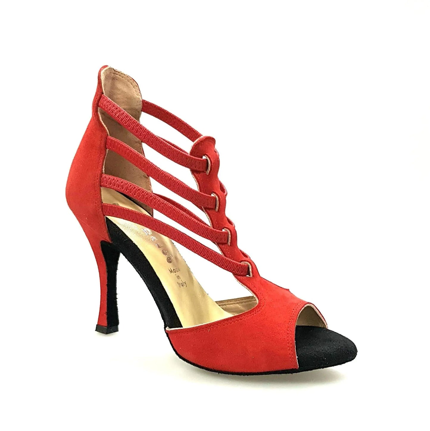Sandalo da donna Lilith in camoscio rosso con tacco a rocchetto, scarpa Wish Dance Shop, elegante e confortevole.