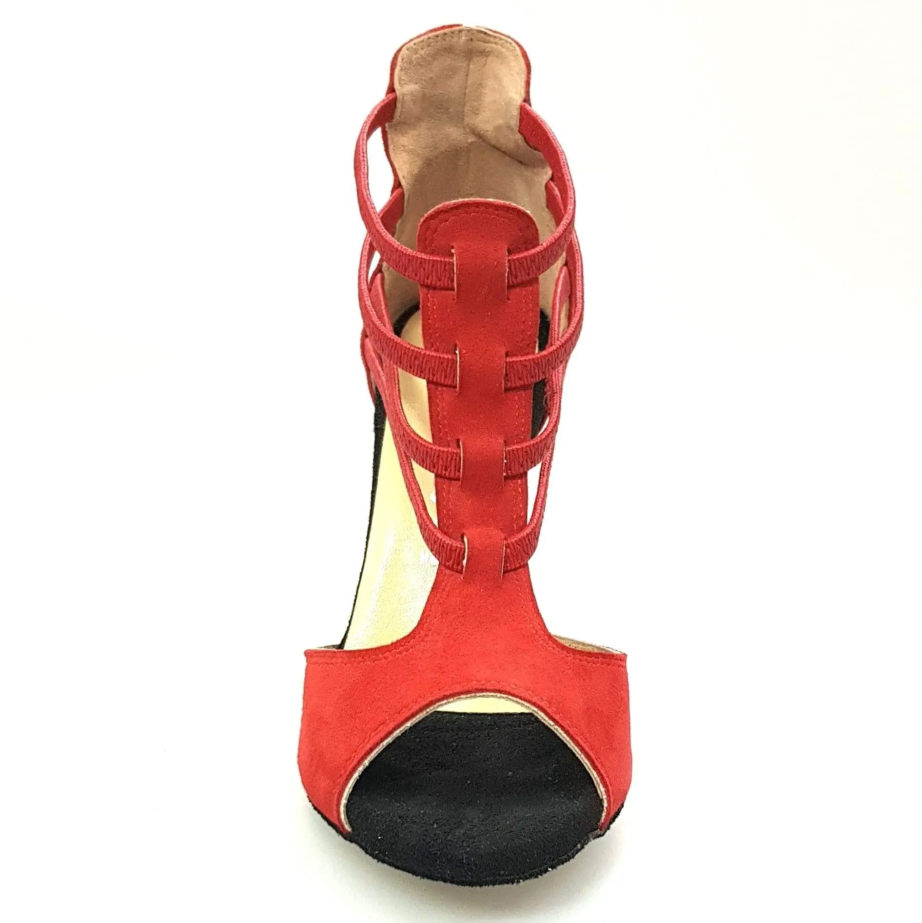 Sandalo da donna Lilith (460) in camoscio rosso con tacco a rocchettino, scarpa Wish Dance Shop, vista frontale.