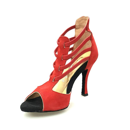 Sandalo donna Lilith in camoscio rosso con tacco a rocchettino, scarpa Wish Dance Shop con design elegante