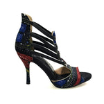 Carica immagine nella Galleria, Sandalo da donna Lilith 460 Semba in stile Dakar Daishiki blu notte, con suola e dettagli in tessuto colorato.
