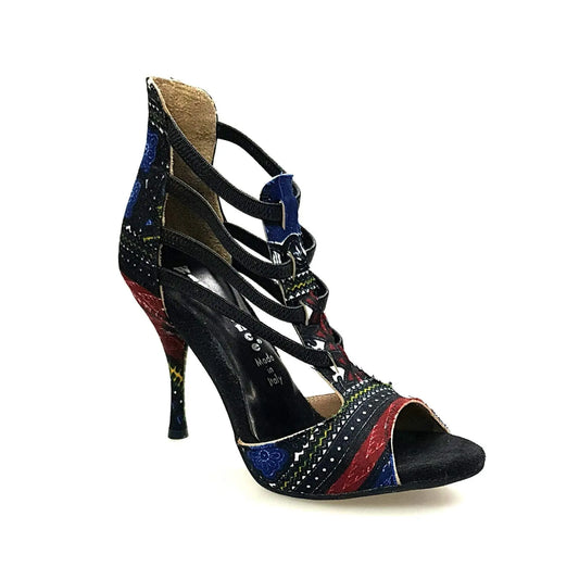 Sandalo da donna Lilith (460 Semba) in stile Dakar Daishiki blu notte, con suola comoda e design elegante, marchio Wish Dance Shop