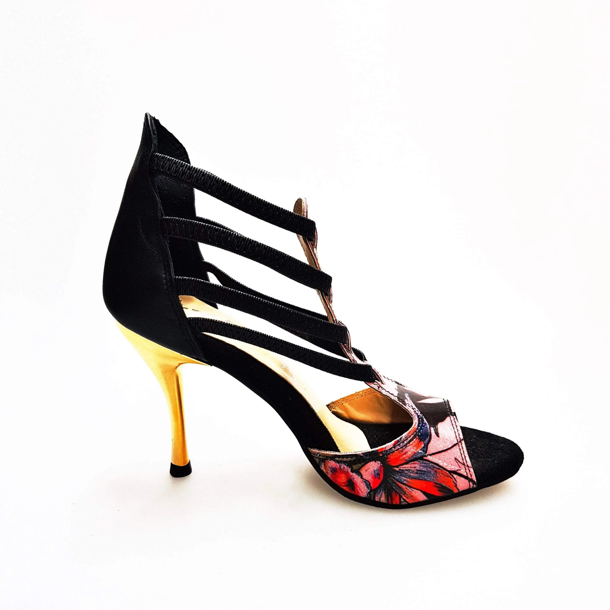Sandalo da donna Lilith Fleur Wish Dance Shop in pelle nera con tomaia fucsia, elastici neri e tacco slim oro.