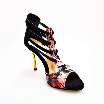 Scarpa donna Wish Dance Shop Lilith Fleur (460) in pelle nera con tomaia fucsia, elastici neri e tacco slim oro.