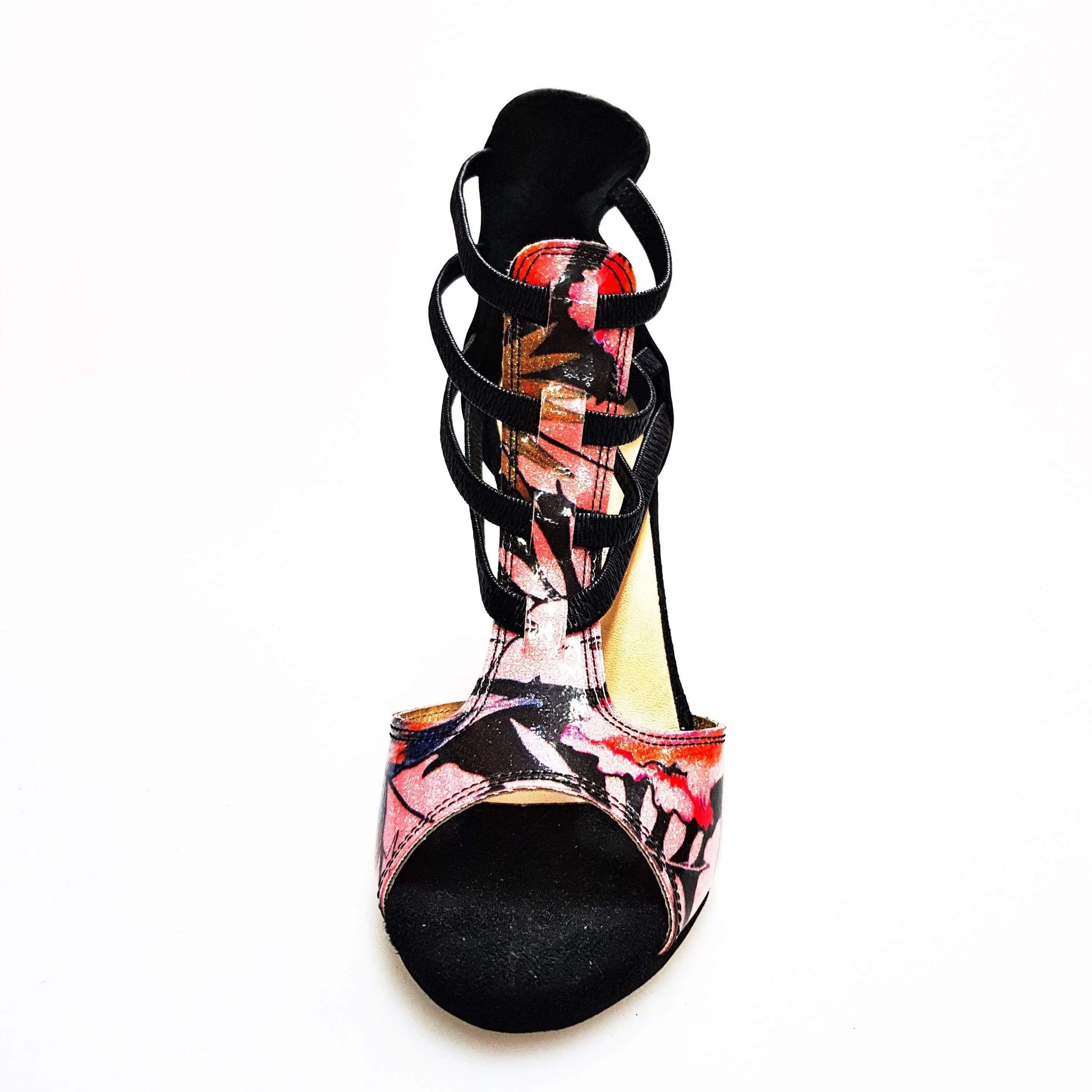 Sandalo donna Wish Dance Shop Lilith Fleur (460) in pelle nera con tomaia fucsia, elastici neri e tacco slim oro.