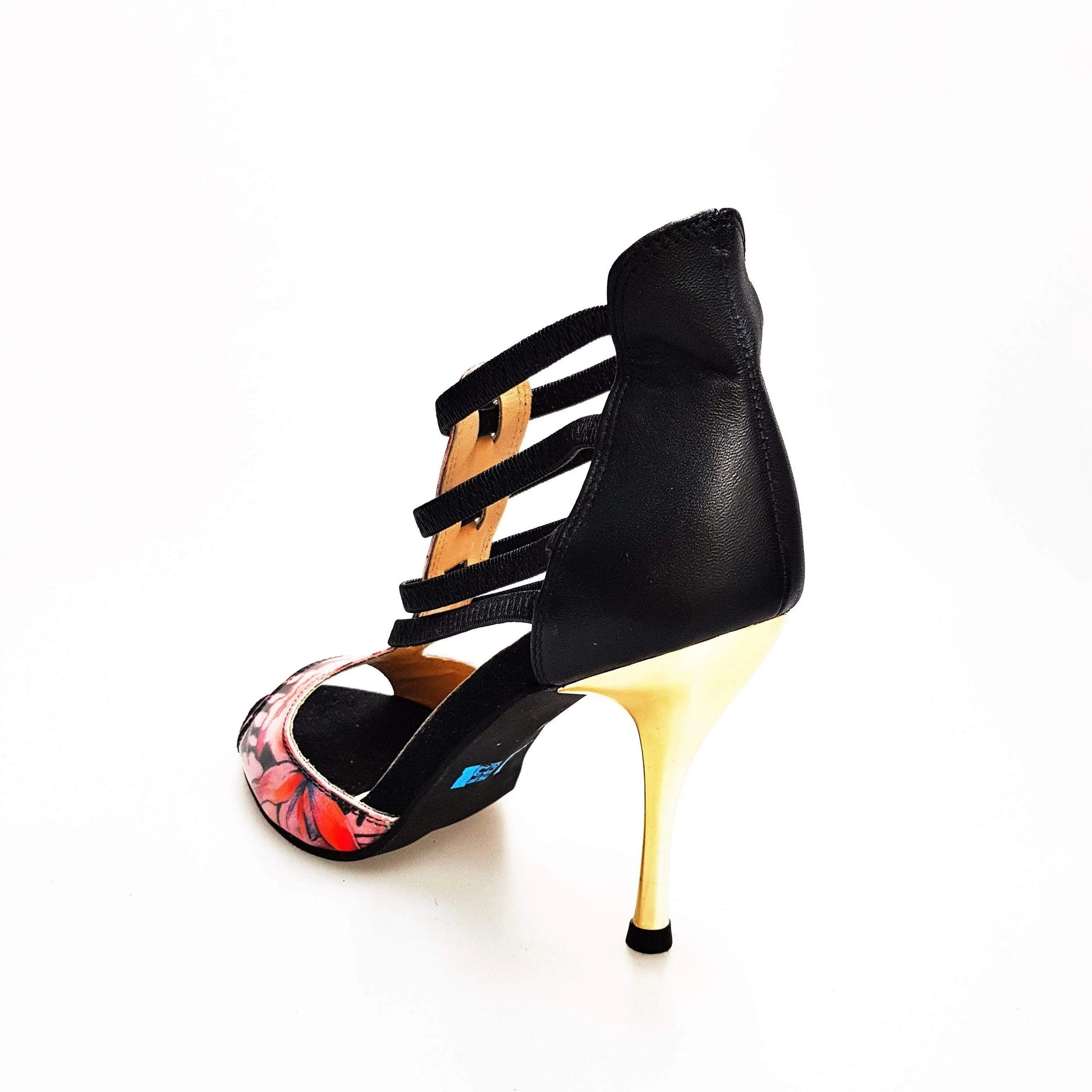 Sandalo donna Lilith Fleur Wish Dance Shop in pelle nera con tomaia fucsia, elastici neri e tacco slim oro.