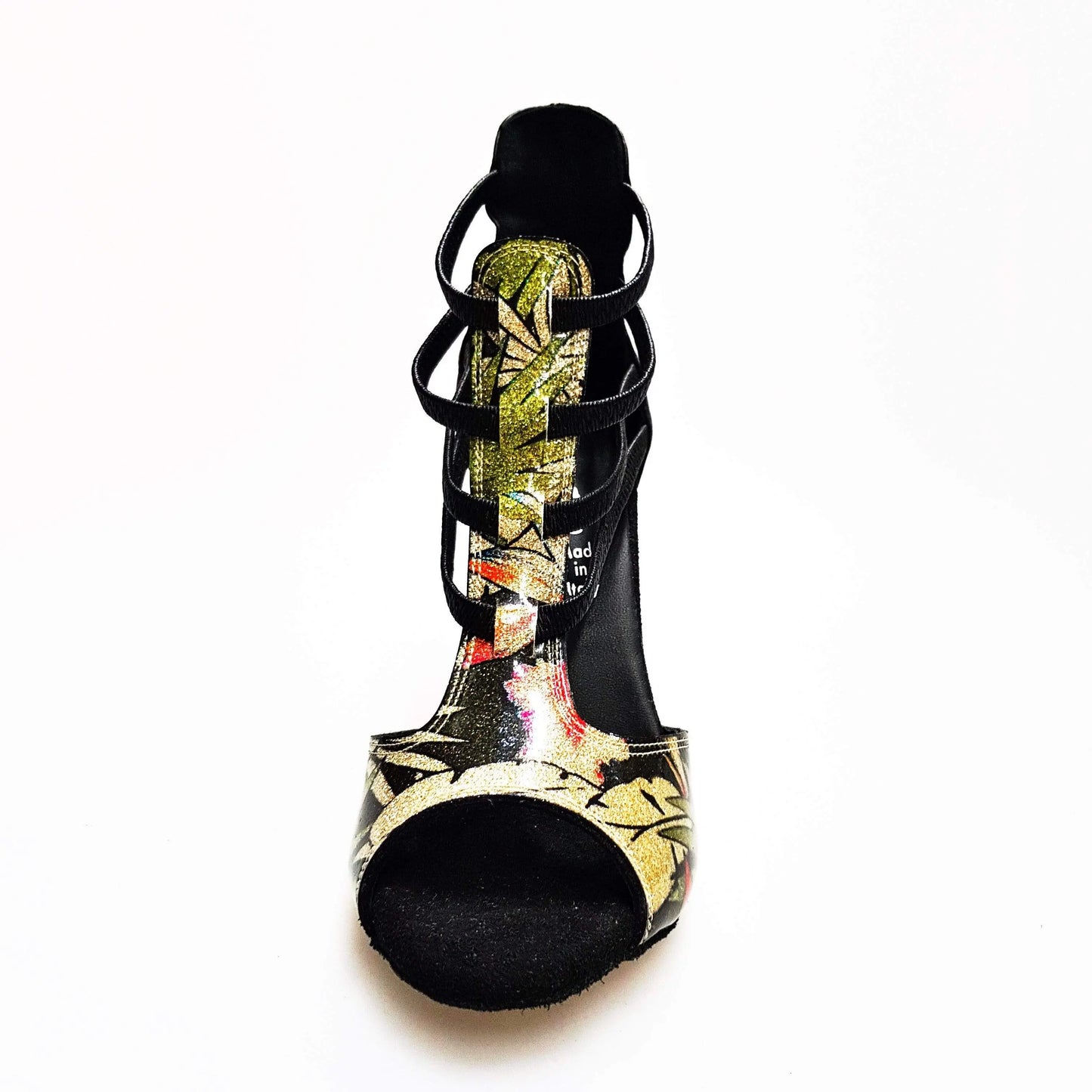 Sandalo da donna Wish Dance Shop Lilith Fleur (460) in pelle nera con tomaia oro, elastici neri e tacco slim oro.