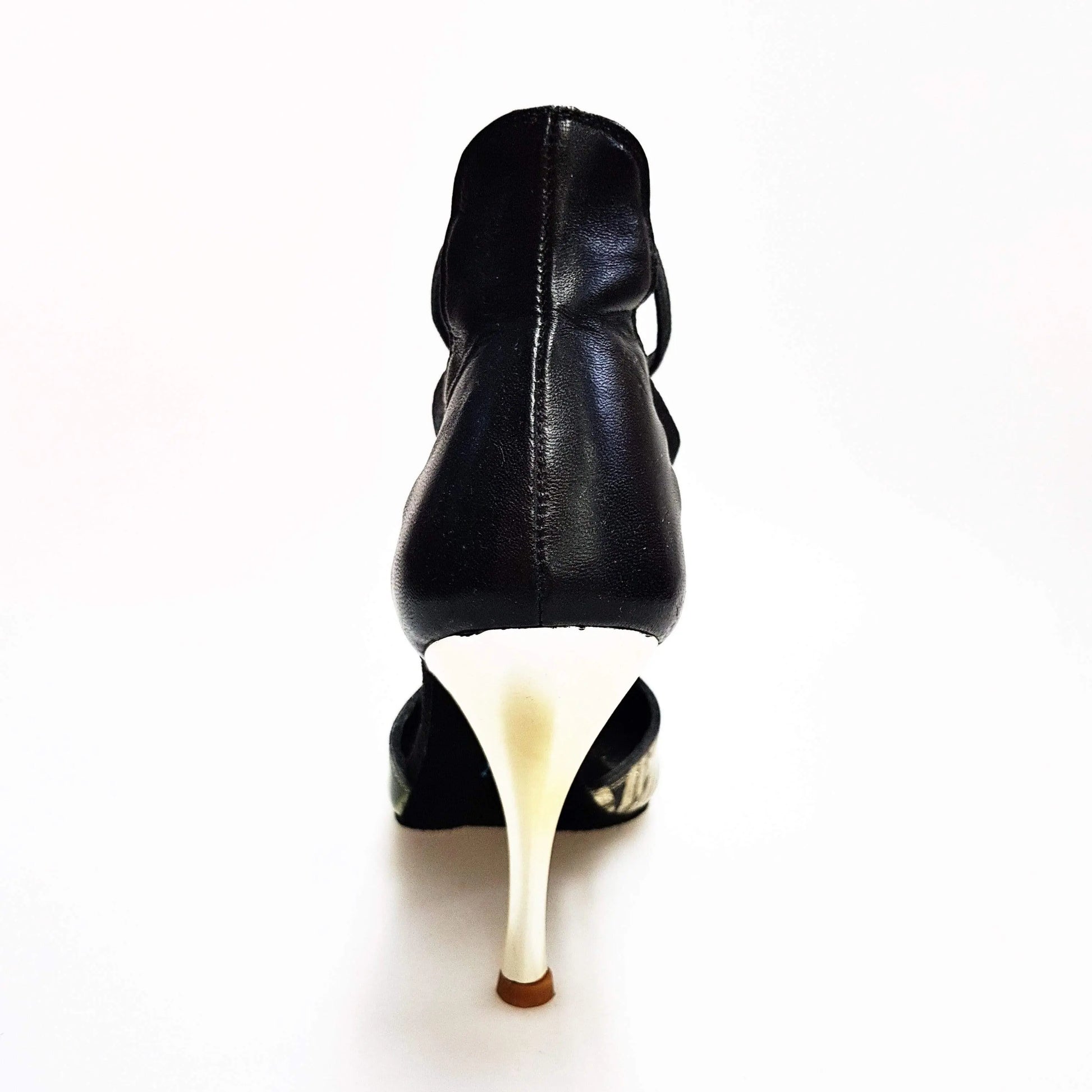 Sandalo donna Lilith Fleur Wish Dance Shop in pelle nera con tomaia oro, elastici neri e tacco slim oro, stile elegante.