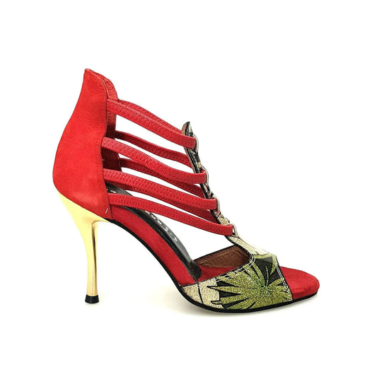 Sandalo donna Lilith Fleur Wish Dance Shop in camoscio rosso con tomaia oro e tacco slim, scarpa elegante e alla moda.