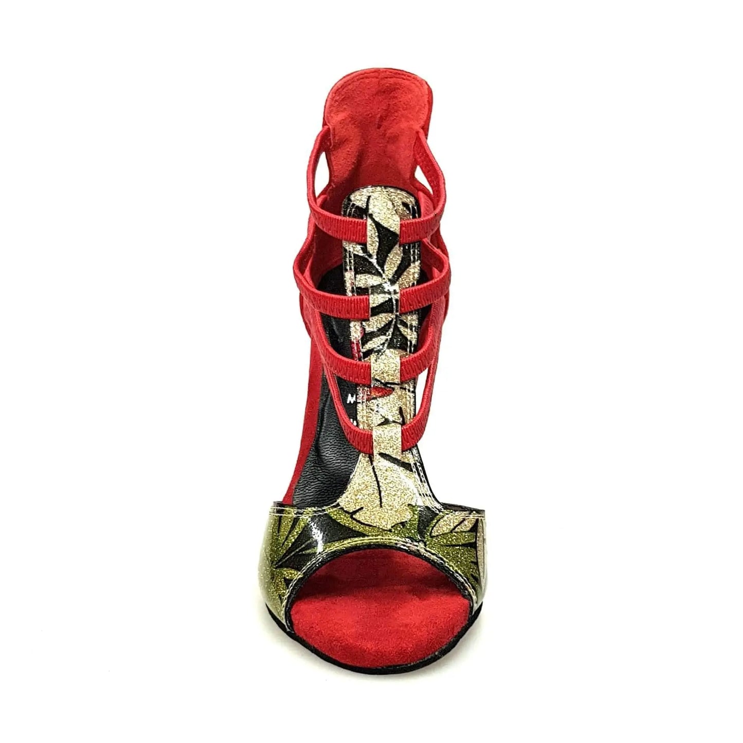 Sandalo da donna Lilith Fleur in camoscio rosso con tomaia oro e tacco slim, scarpa Wish Dance Shop.