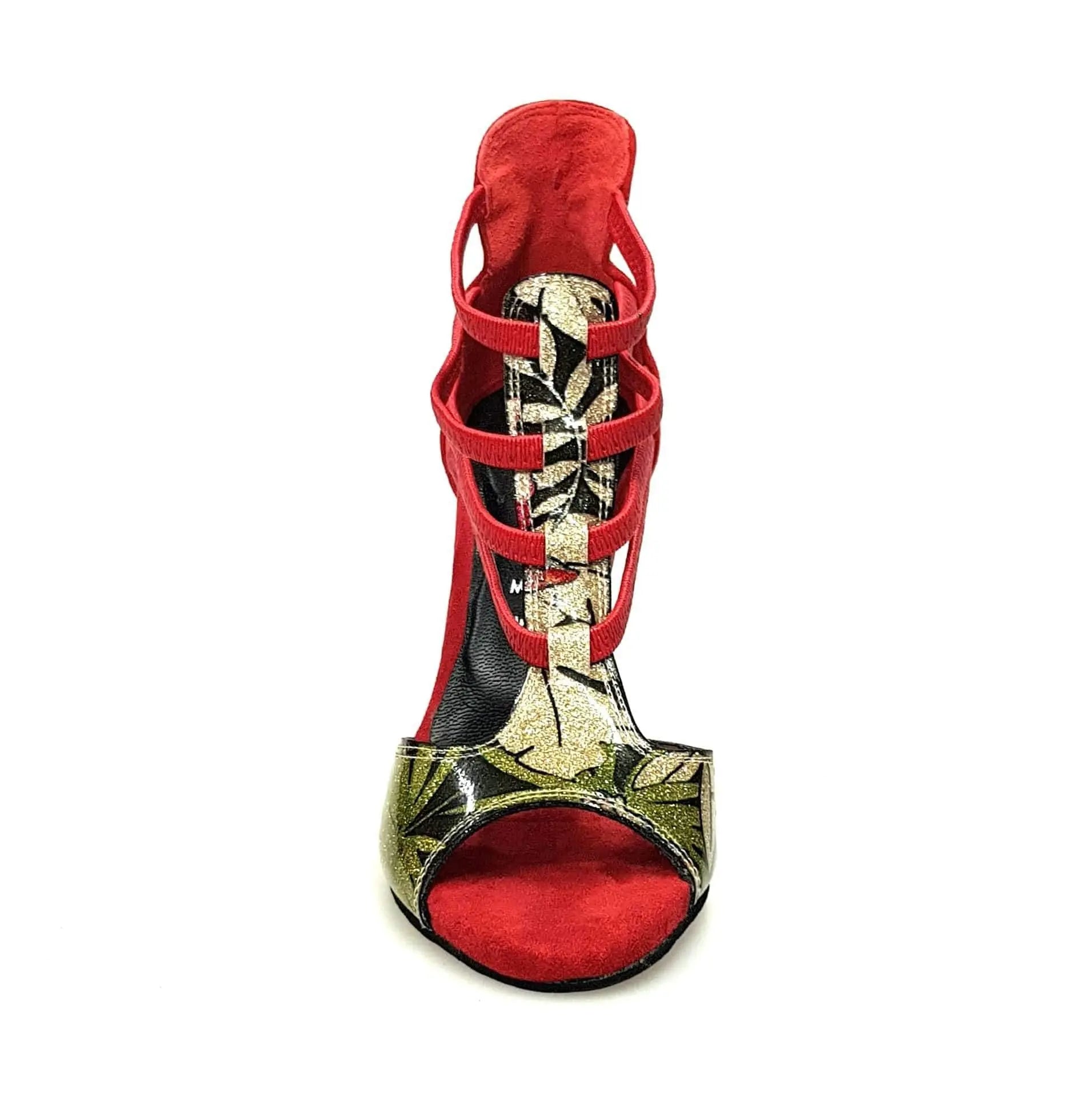 Sandalo da donna Lilith Fleur in camoscio rosso con tomaia oro e tacco slim, scarpa Wish Dance Shop.
