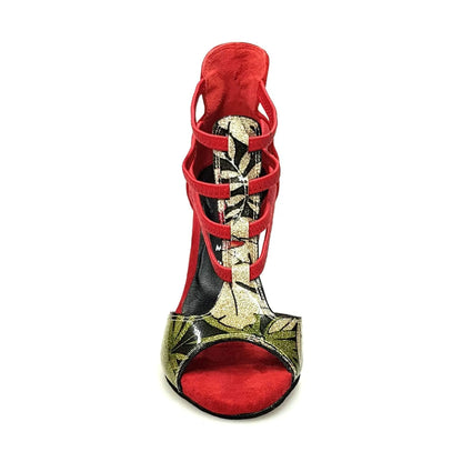 Sandalo da donna Lilith Fleur in camoscio rosso con tomaia oro e tacco slim, scarpa Wish Dance Shop.
