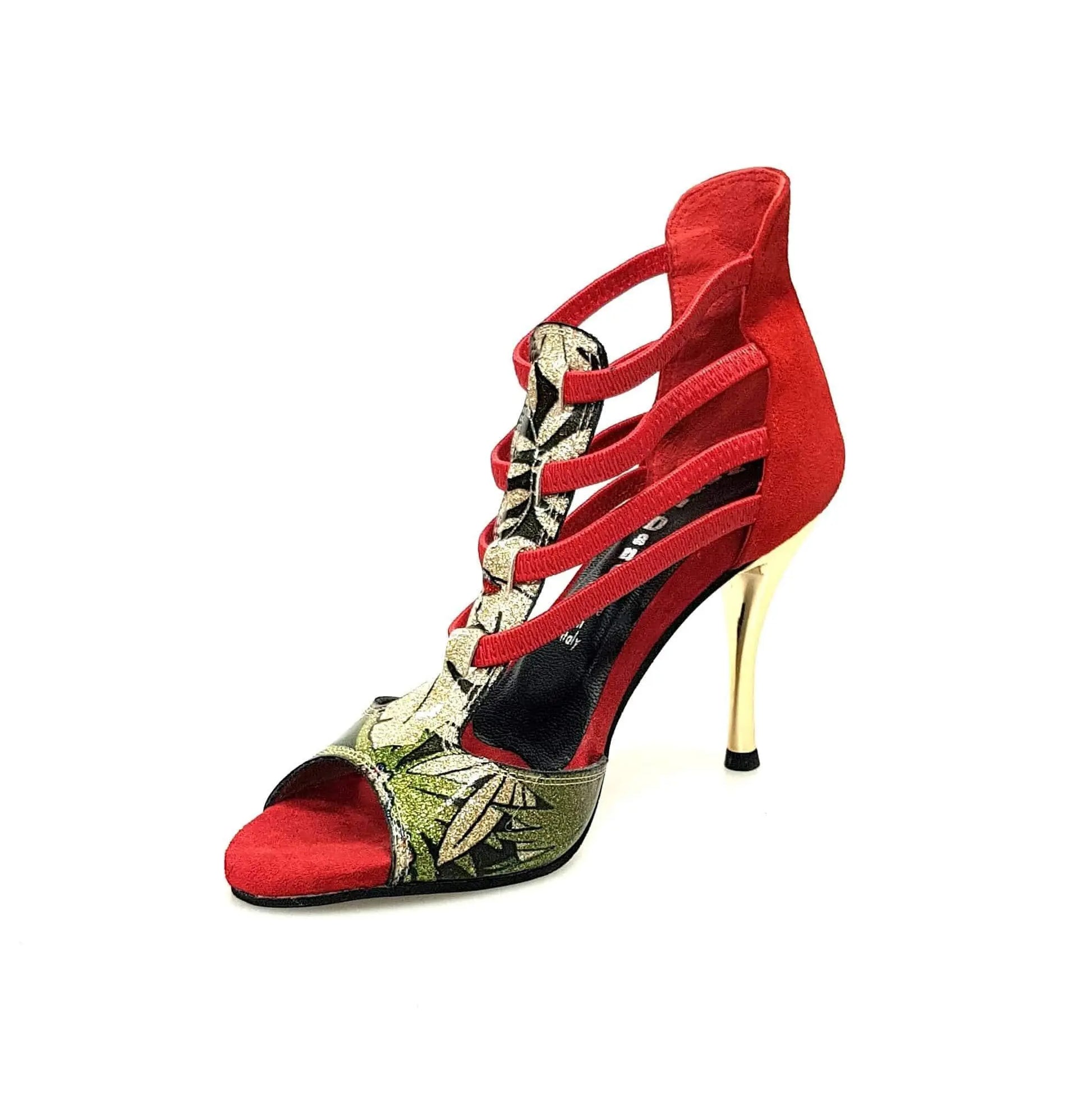 Sandalo donna Lilith Fleur (460) di Wish Dance Shop in camoscio rosso con tomaia oro e tacco slim, scarpa elegante e alla moda.