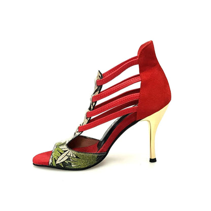 Sandalo donna Lilith Fleur Wish Dance Shop in camoscio rosso con tomaia oro e tacco slim, scarpa elegante e femminile