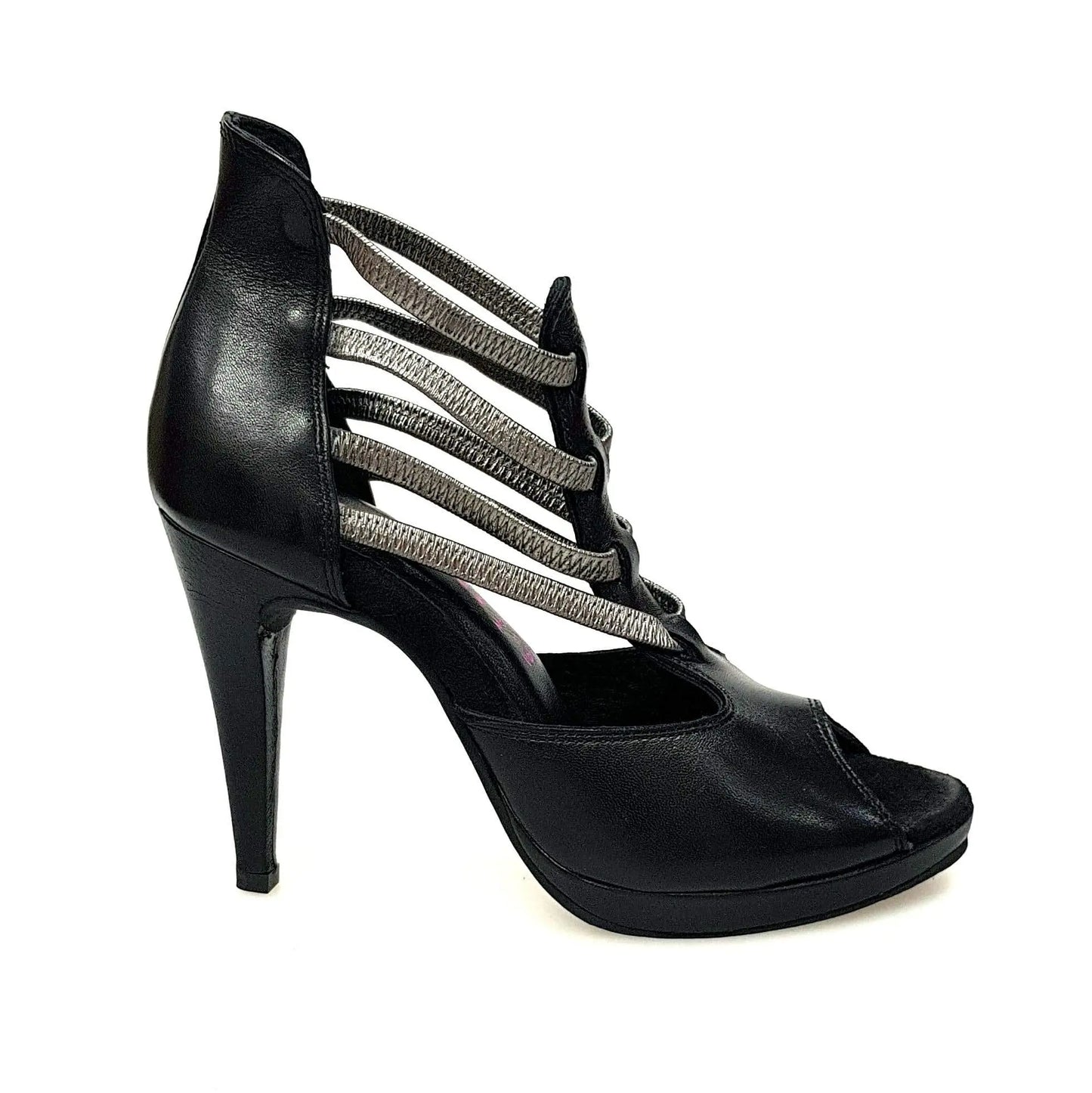 Sandalo donna Lilith Wish Dance Shop in pelle nera con elastici argentati e plateau, scarpa elegante con design moderno.