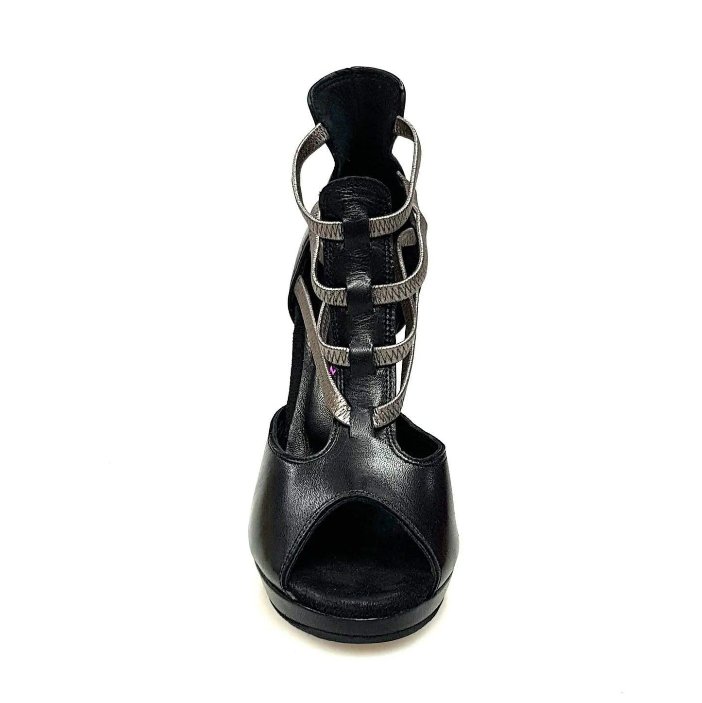 Sandalo da donna Lilith Wish Dance Shop in pelle nera con elastici argento e plateau, scarpa elegante e comoda.