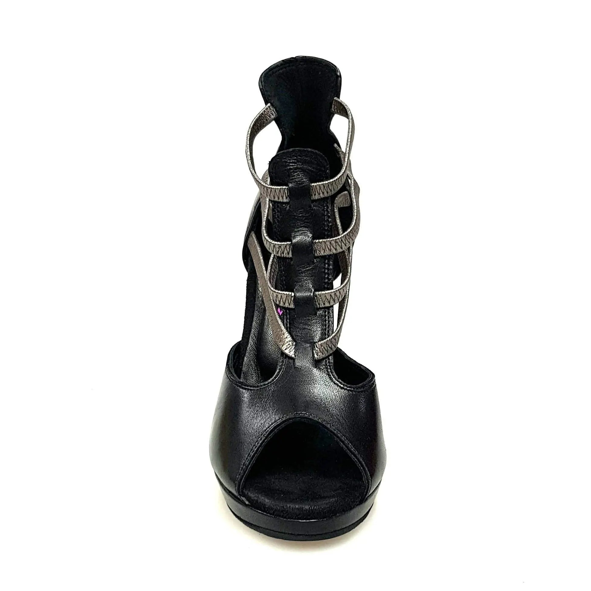 Sandalo da donna Lilith Wish Dance Shop in pelle nera con elastici argento e plateau, scarpa elegante e comoda.