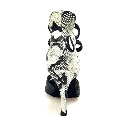 Sandalo donna Lilith (460) in pelle nera con tacco in pitone bianco-verde, scarpa elegante di Wish Dance Shop.
