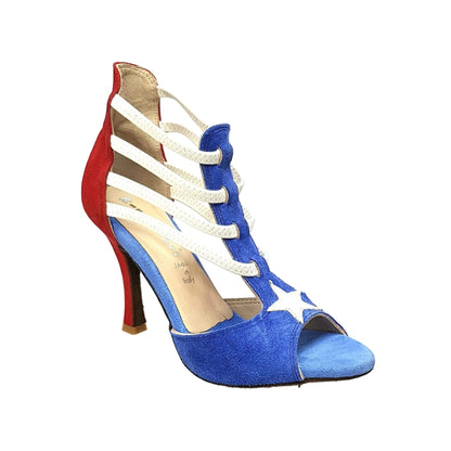 Sandalo da donna Lilith (460) in camoscio blu e rosso, stile bandiera Portorico, brand Wish Dance Shop, vista frontale