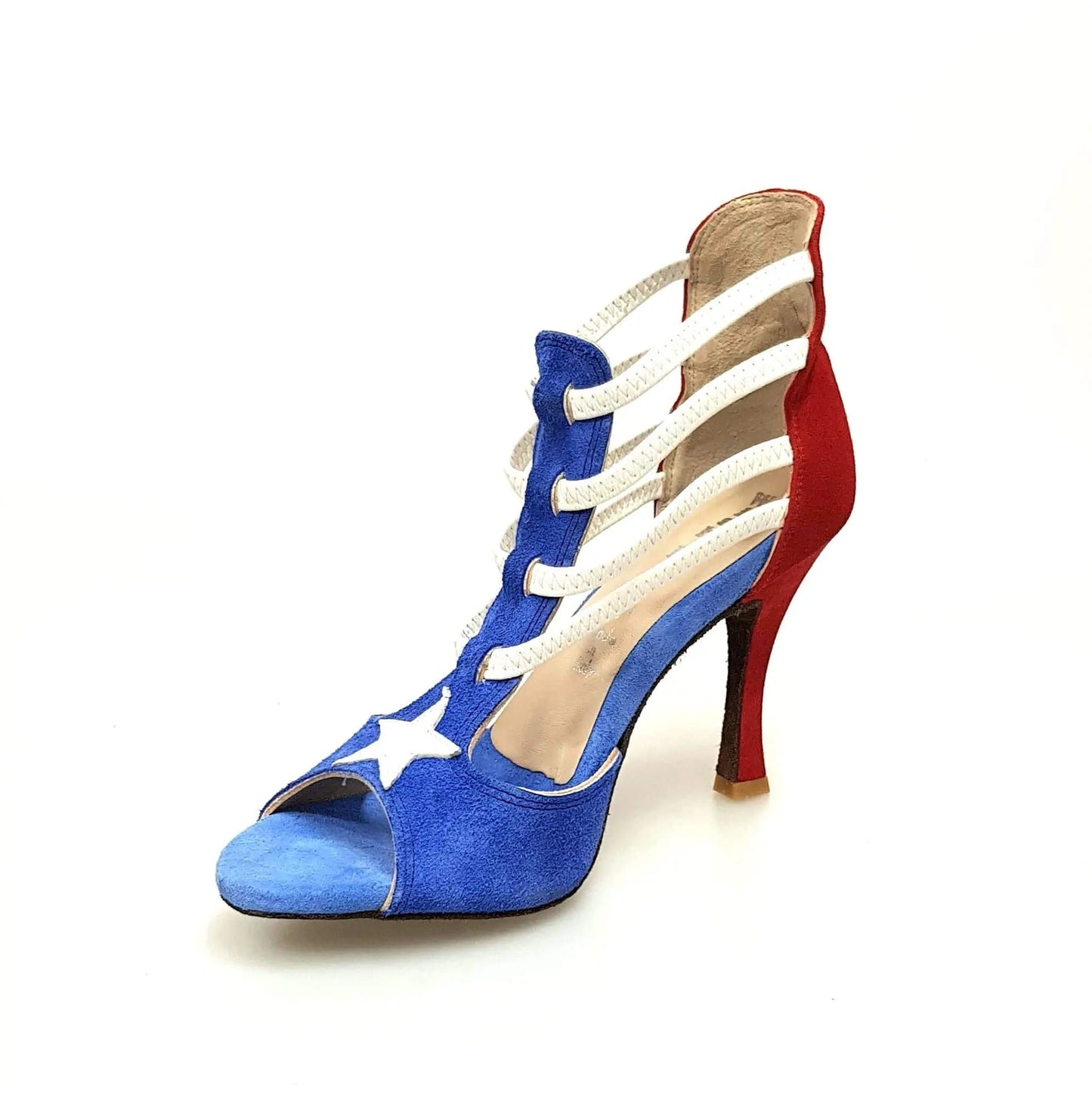 Sandalo da donna Lilith (460) in camoscio blu e rosso, stile bandiera Portorico, scarpa Wish Dance Shop, dettagli colorati.