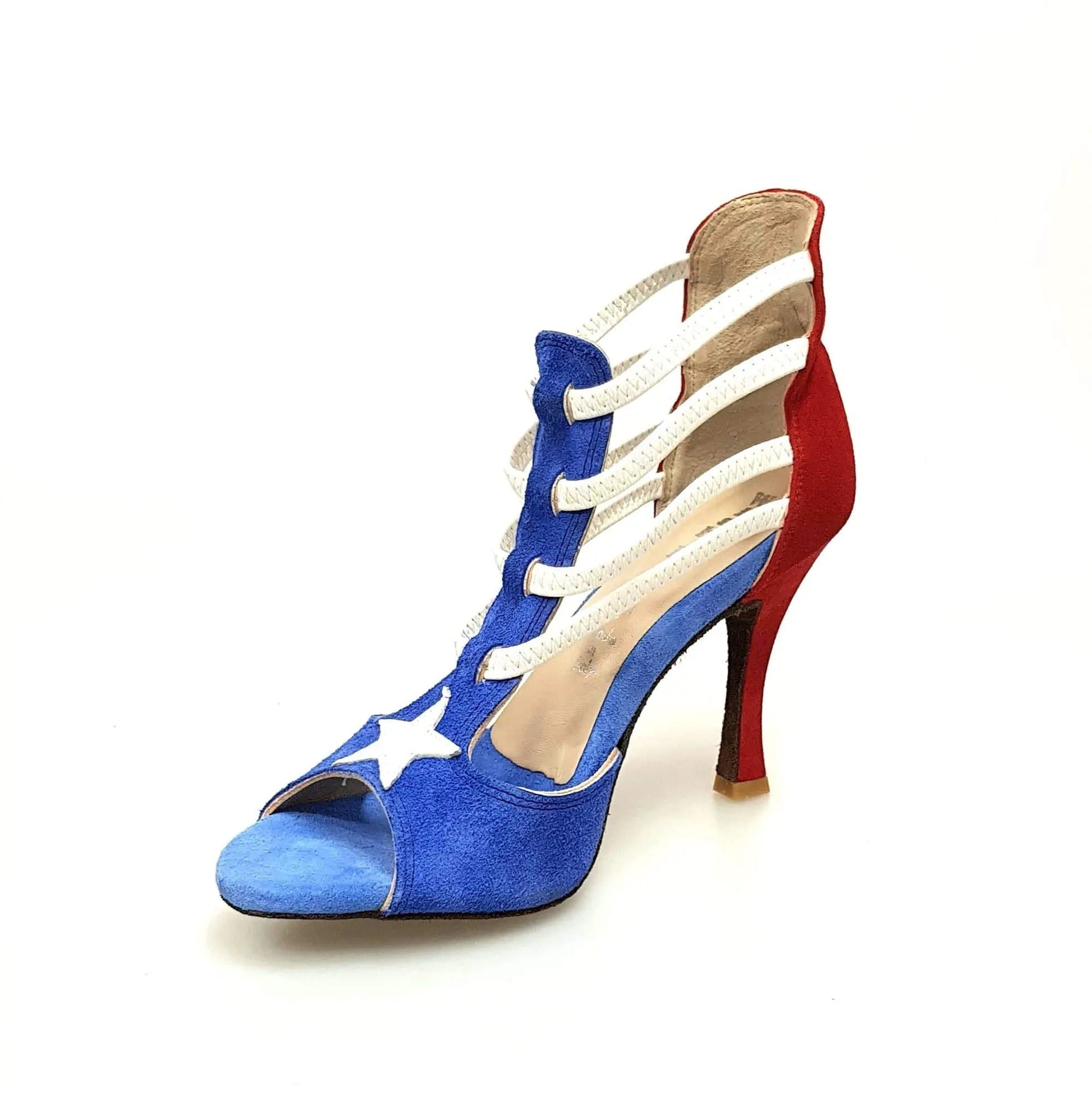 Sandalo da donna Lilith (460) in camoscio blu e rosso, stile bandiera Portorico, scarpa Wish Dance Shop, dettagli colorati.