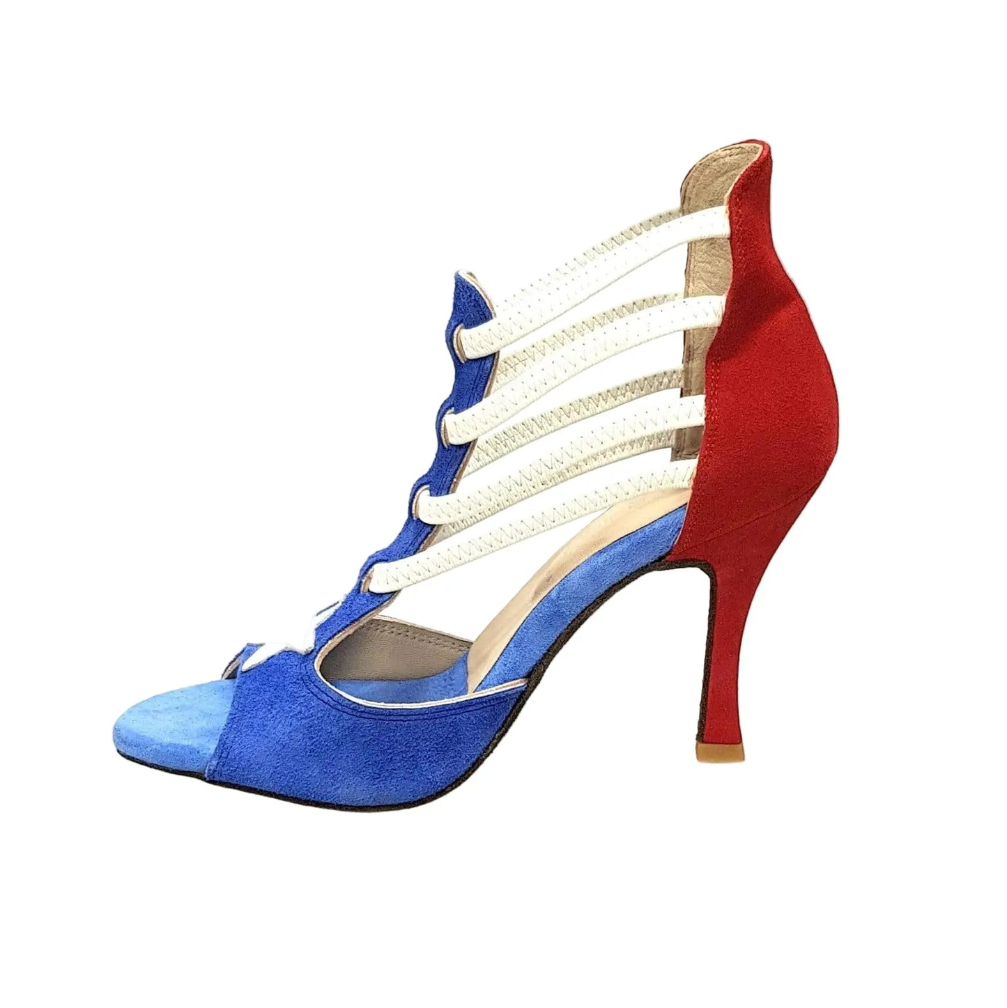 Sandalo da donna Lilith (460) Wish Dance Shop in camoscio blu e rosso con stile bandiera Portorico, vista frontale.